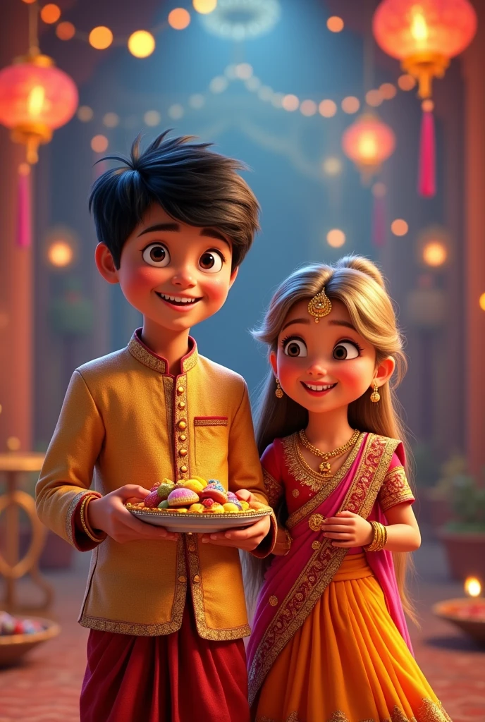 A boy aged 12 years wearing kurta and payjama 
with black colour hair and a girl aged 7 year wearing lehenga having blonde long hairs with rakhi in his one hand and a plate on his other hand filled with sweets make a photo of 9:16 aspect ratio make a disney pixar poster in 3d 
