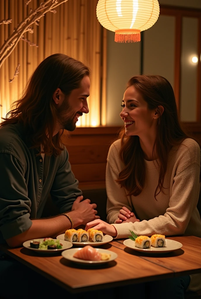 A man with long, brown hair and his girlfriend with long, brown hair are eating sushi without anime style.