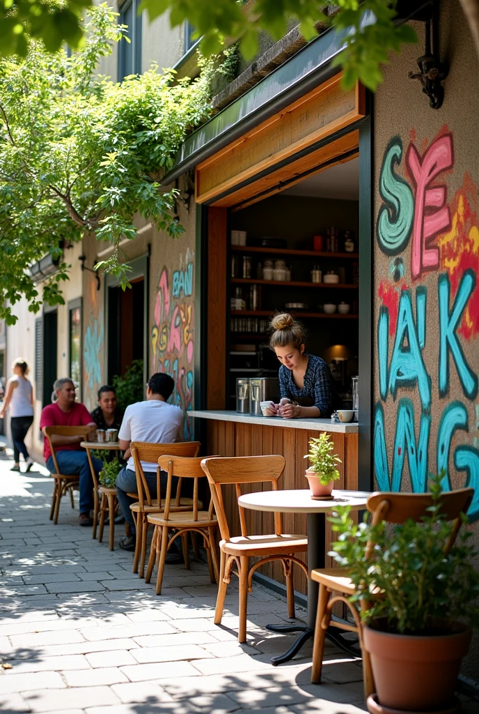 Create a picture of a small and simple slow bar cafe infront of public wall art next to the road with a barista making coffee
