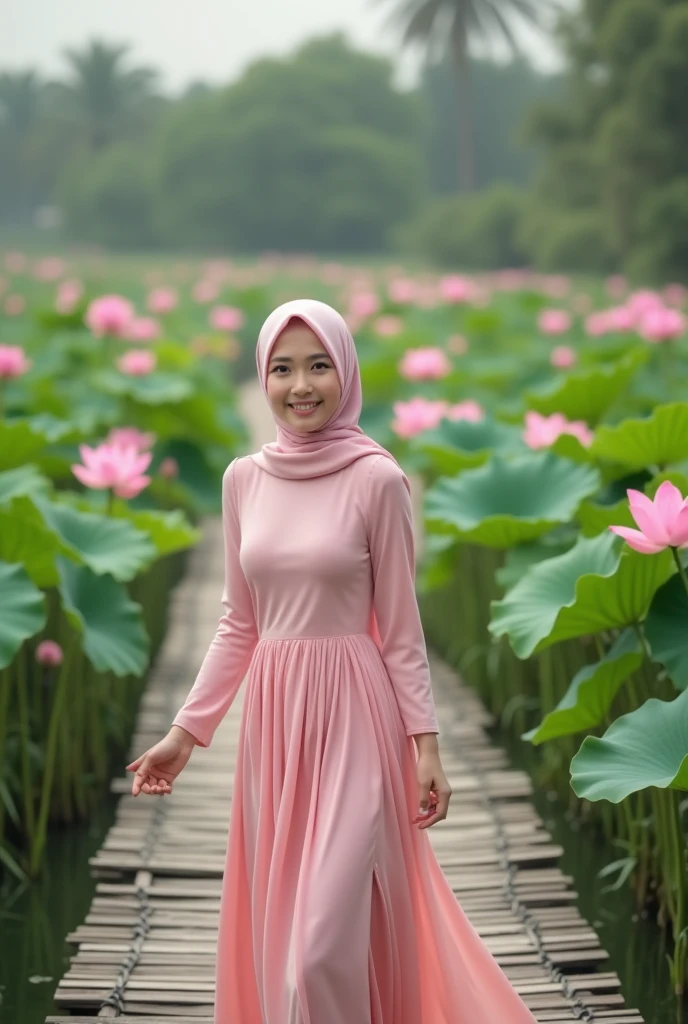 Glamor shot, beautiful Indonesian girl with white skin, well-groomed face, wearing a pink hijab walking on the lotus bridge wearing a long pink dress, looking very happy. Beautiful lotus valley background original photo studio photo