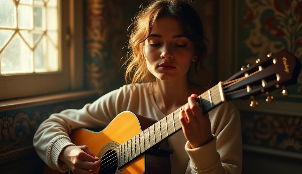 ((best quality)), ((masterpiece)), (detail), perfect face, close-up photo of a young rissian woman playing guitar next to a window, ancient room scene with intricate details, shimmering and magical light, surreal photo, 8k, ultra high resolution, sharp face