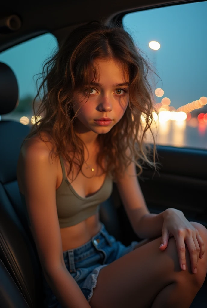 A girl is urinating (urgently) at side of the freeway with her pants and panties palled all way down) ( sitting on car with the open car door to hide herself. (She made her parents pull over the car in from of traffic for pit stop) couldn’t hold it any longer