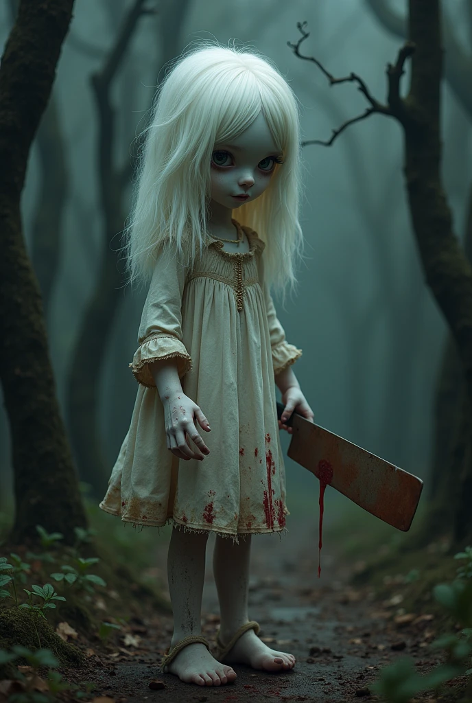 Create a surreal and psychologically unsettling creature that instills fear not because it is terrifying, but due to its uncanny appearance. The creature has the body of a very pale girl. The head should be unnervingly realistic, with vibrant, white hair and a slanted eyes that seem to watch with an almost sentient awareness. The body should be slightly distorted in a way that feels unnatural, adding to the discomfort. The creature body obscured by the shabby old dress with blood stain everywhere, should be slightly distorted in a way that feels unnatural, adding to the discomfort. The creature holds a long rusty knife full of dripping blood. The setting is an eerie, dimly lit forest where the creature is blending into the shadows, creating an unsettling atmosphere that plays on the viewer's mind