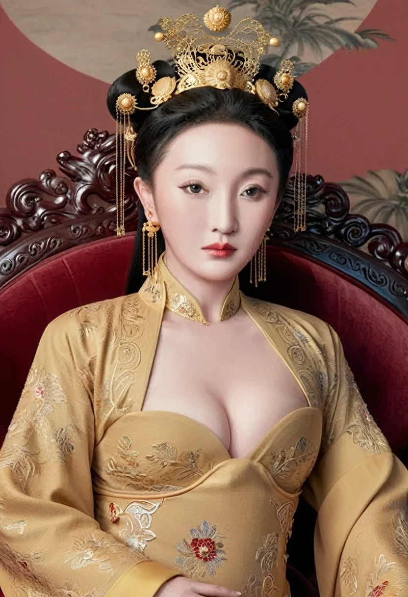 A lavish Empress from the Qing Dynasty era in China, seated on a large golden sofa, completely , with her large breasmassive buttocks proas she faces away, her face visible.(Porn Pose) A gorgeouinese imperial empress with her hair tied on both sides and wearing a crown、Background of kinky and erotic woman ther hair、Try is set in the luxurious rooms of an empress in the Chinese imperial court during the Qing dynasty.。