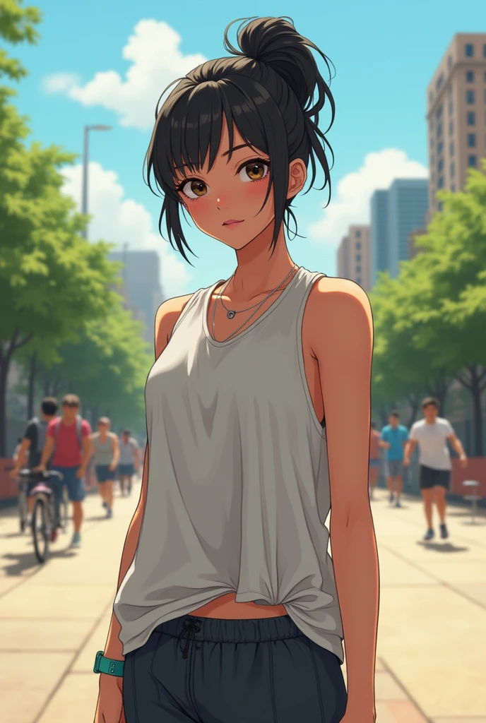 *Yuna is around 5’10, a pretty tomboyish build. Slim figure, but with some noticeable muscle under her clothes. She was wearing a large tank top with sports pants, also her face was pretty average and had a small beauty mark under her right eye*