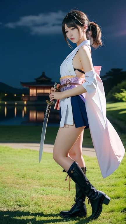 (8k、RAW Photos、Highest quality、masterpiece:1.2)、(Realistic)、One woman、((A purple and white furisode kimono、Navy blue))((I can see your shoulders、Thighs、Small breasts、boots))、((Black hair ponytail 1.3))(Thighs1.2)、((whole body、View from the front、Looking into the camera、Holding a Japanese sword))、(A youthful face with beautiful eyes..3)、(Nighttime mansion background in the Sengoku period)