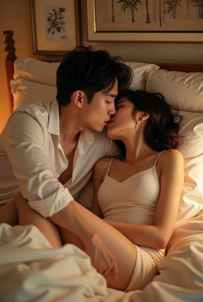 A handsome Korean man wearing a white shirt, Making out with a beautiful Korean woman in a mini dress on the bed.