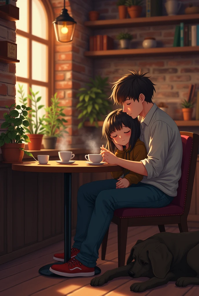 19 year old boy drinking coffee, with his hellhound on the floor, and an 18 year old tsundere girl sleeping on his lap