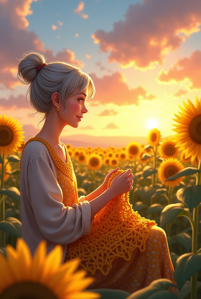 An anime old lady with an old looking,smiling face is crocheting in a vast and large sunflower field with a sunset scene covering half the screen