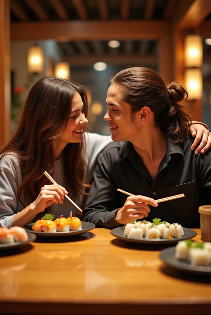 A man with long, brown hair and his girlfriend with long, brown hair are eating sushi without anime style.