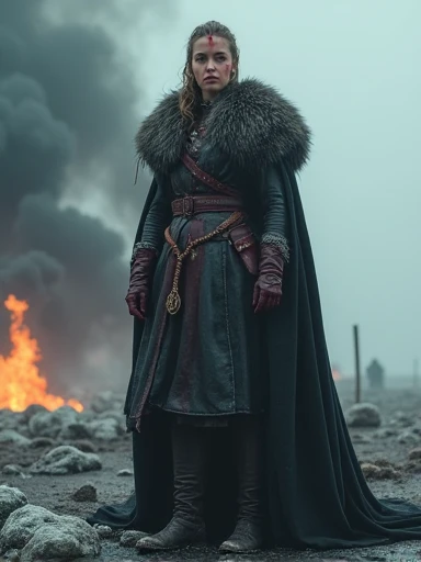 macabre style Capture the indomitable spirit of a beautiful Viking Age princess warrior, cowboy shot, standing triumphantly amidst the chaos of a brutal skirmish, wearing luxurious furs and distressed leathers, she embodies sophisticated savagery, crimson droplets of blood from the skirmish adorn her countenance, employing a low camera angle to emphasize the magnitude of her stature and authority, effectively positioning her as a titan above mere mortals, merging reality with fantasy, this provocative tableau challenges conventional notions of beauty, inspiring reflection on what it means to be strong, commanding, and utterly bewitching, style of Nick Knight, style of Igor Morski, style of Wlop, . dark, gothic, grim, haunting, highly detailed. Fire, heavy smoke, ice, snow.