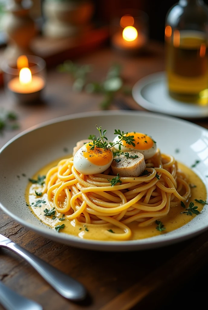 Spaghetti with truffle eggs and fish meat