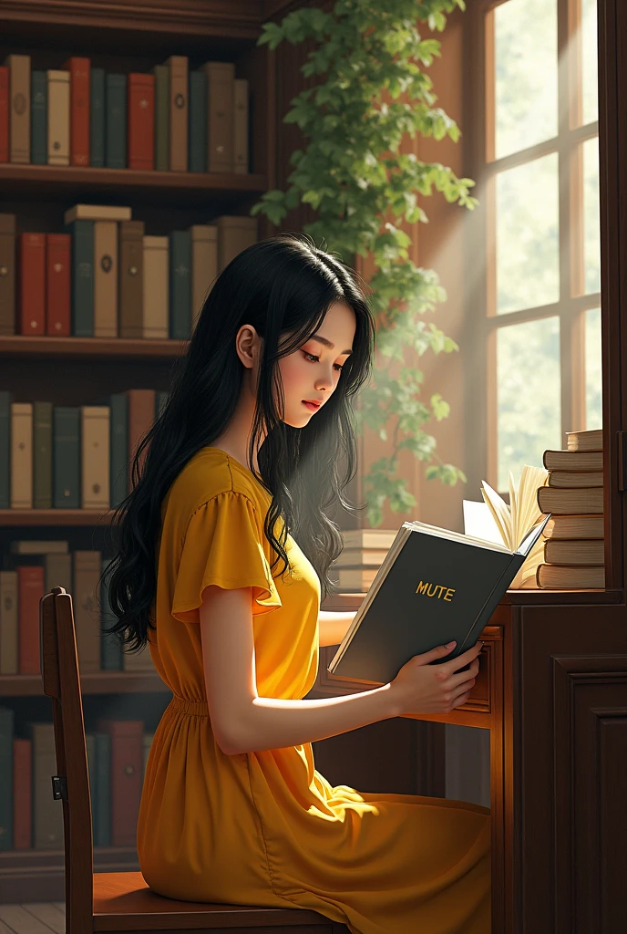 A book with a grey cover entitled "MUTE"
read a beautiful girl wearing a yellow dress with black hair sitting in the library