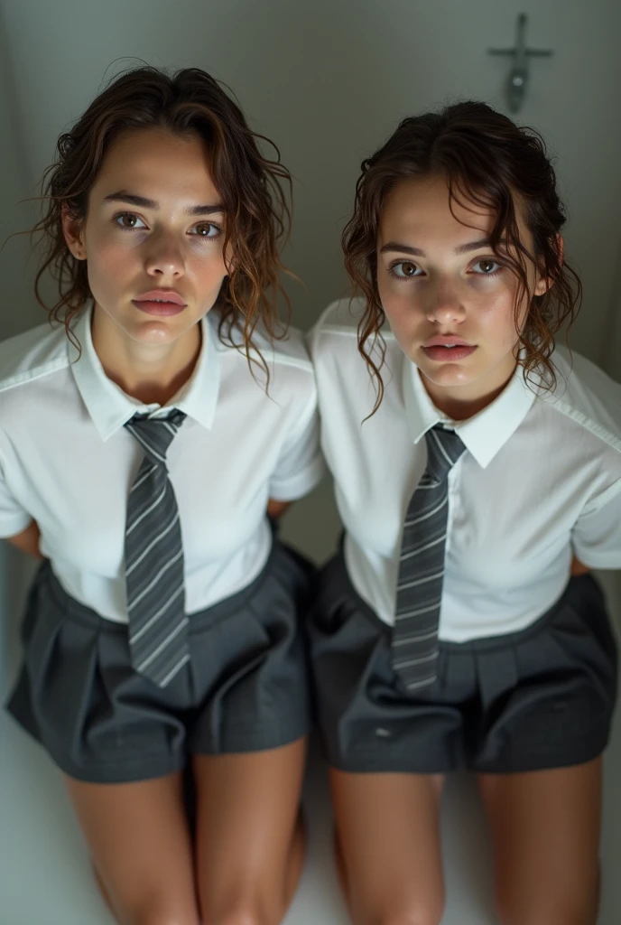 Realistic photo from above of two slim pretty -yeld Casian women. They have short light-brown hair. They are wearing tight white wet shirts. They are not wearing a bra. They are wearing dark-grey striped ties. They are wearing dark-grey pleated skirts. They are kneeling in a shower. They are looking up to the camera. They both have both hands behind their backs. Their mouths are slightly open. Their hair and clothes are soaking wet. Their nipples are visible through the fabric of their shirts.