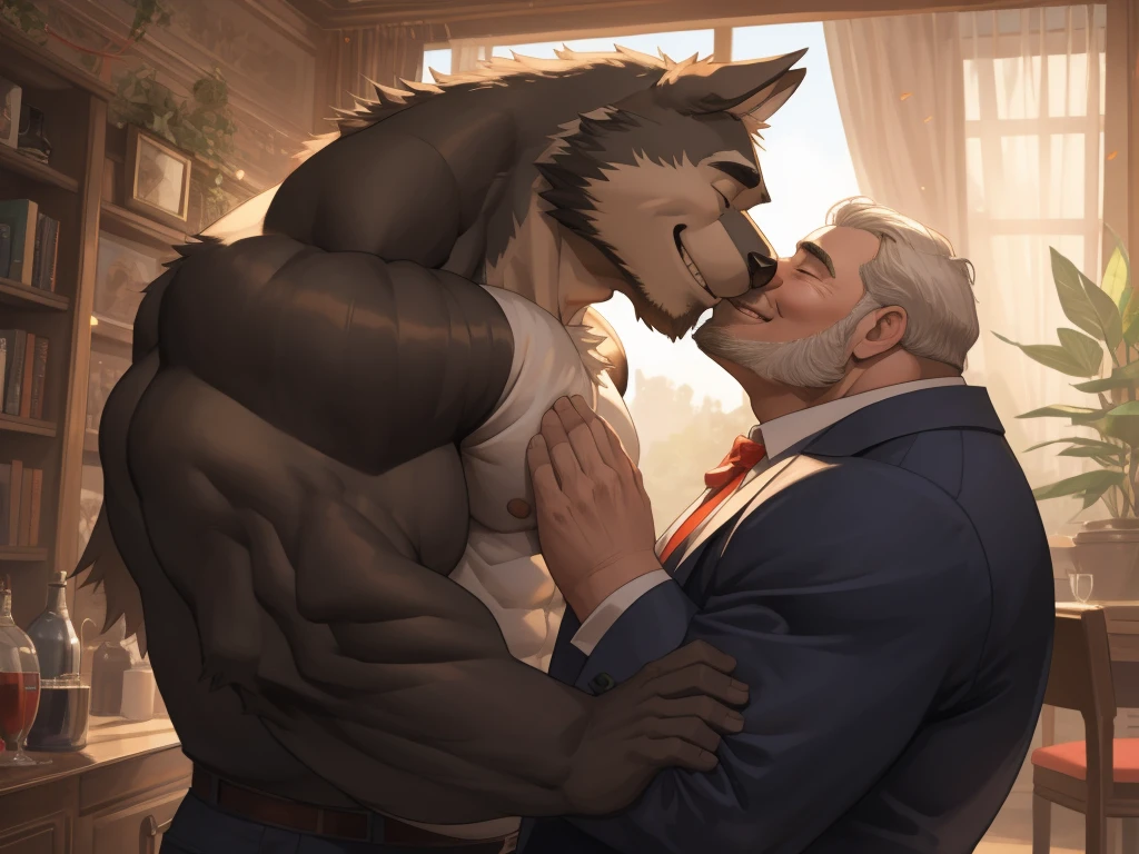 4K, detailed, soft color, Vintage images, highres, unparalleled masterpiece, absurdres, love story of human old man and giant huge Muscular furry, kissing, kiss, pair, Height difference, Physical difference, perfect anatomy, smile, joyful, play with, smile, happy