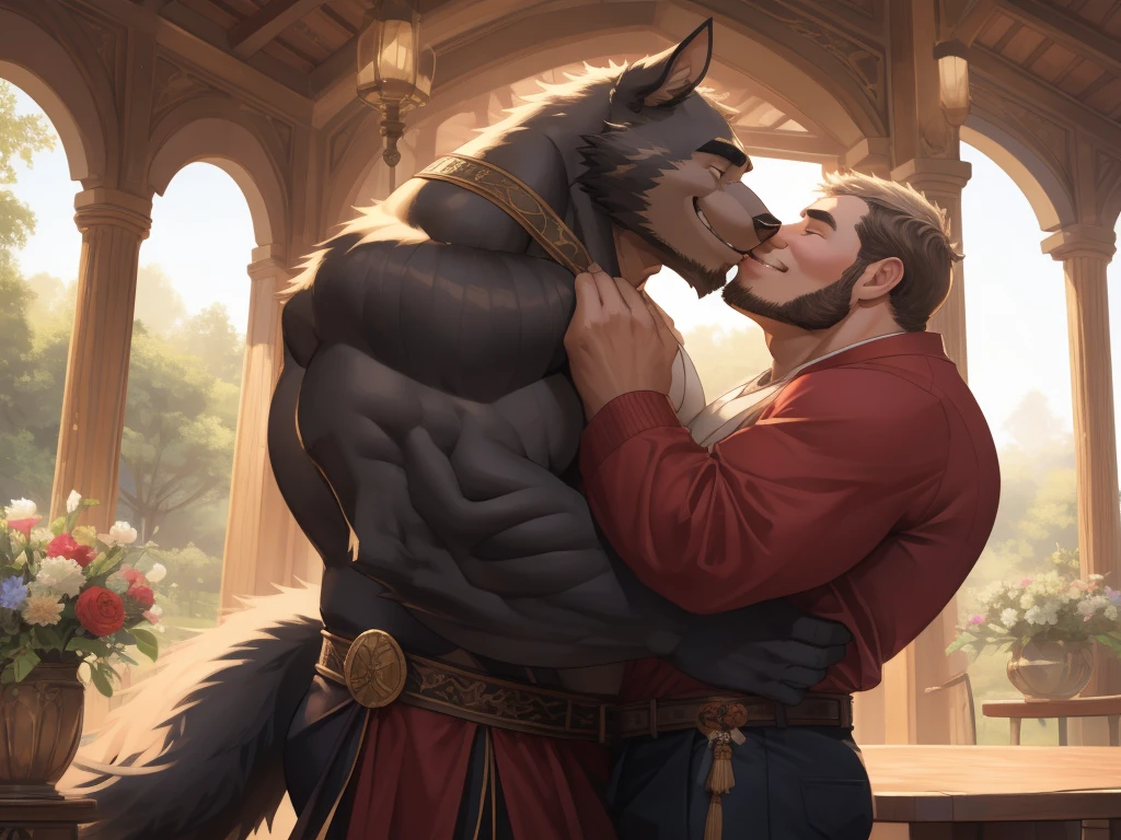 4K, detailed, soft color, Vintage images, highres, unparalleled masterpiece, absurdres, love story of human old man and giant huge Muscular furry, kissing, kiss, pair, Height difference, Physical difference, perfect anatomy, smile, joyful, play with, smile, happy