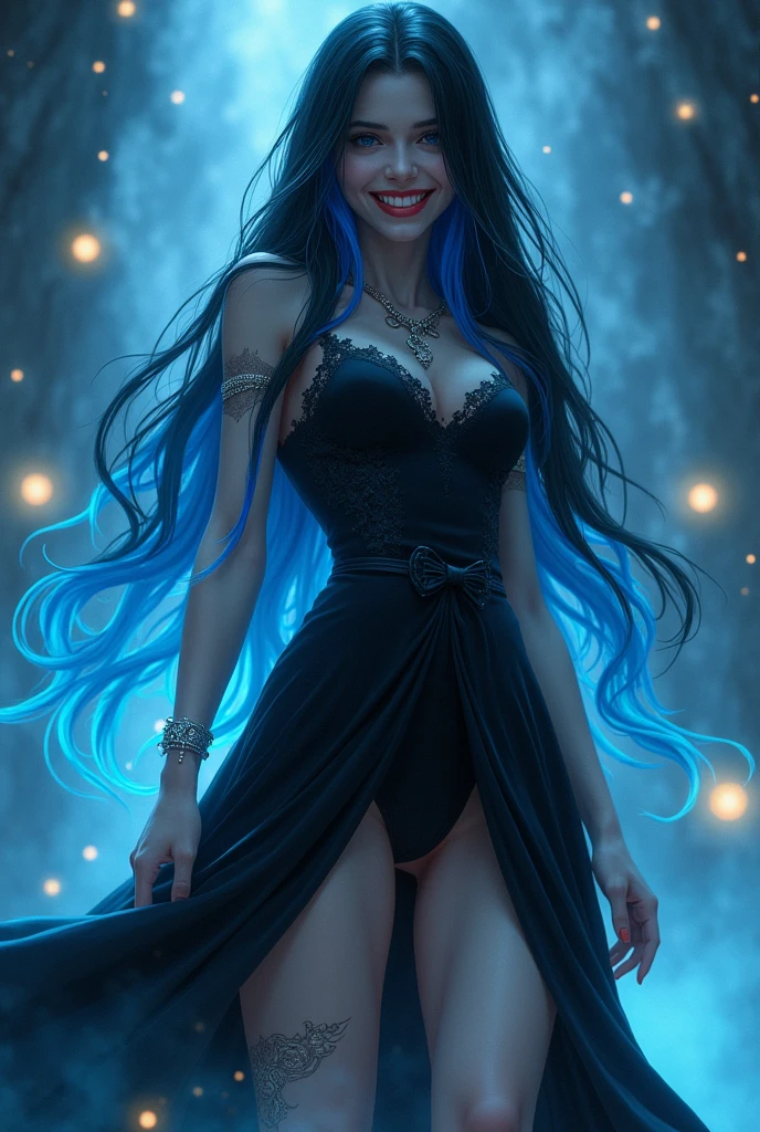with long black hair and blue highlights,A character wearing dark clothing,in a picture with some magical elements in the background,To grin but have no teeth.,Cover,A female character,The black skirt that is about to float up
,whole body,Leg rings