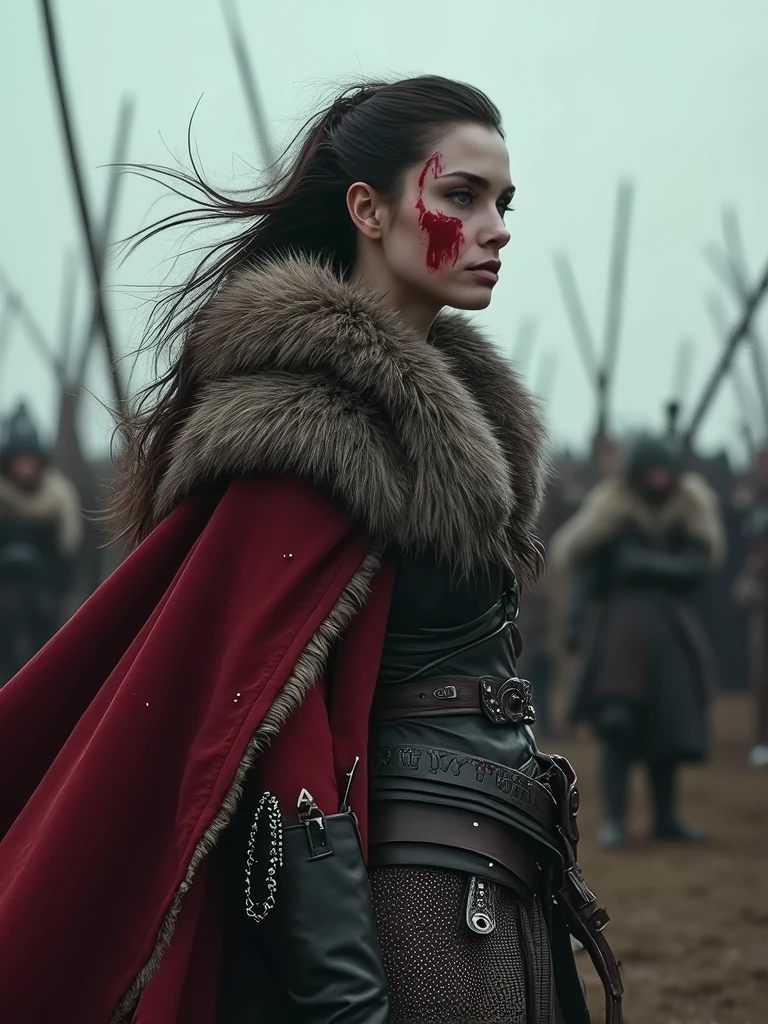 macabre style Capture the indomitable spirit of a beautiful Viking Age princess warrior, cowboy shot, standing triumphantly amidst the chaos of a brutal skirmish, wearing luxurious furs and distressed leathers, she embodies sophisticated savagery, crimson droplets of blood from the skirmish adorn her countenance, employing a low camera angle to emphasize the magnitude of her stature and authority, effectively positioning her as a titan above mere mortals, merging reality with fantasy, this provocative tableau challenges conventional notions of beauty, inspiring reflection on what it means to be strong, commanding, and utterly bewitching, style of Nick Knight, style of Igor Morski, style of Wlop, . dark, gothic, grim, haunting, highly detailed