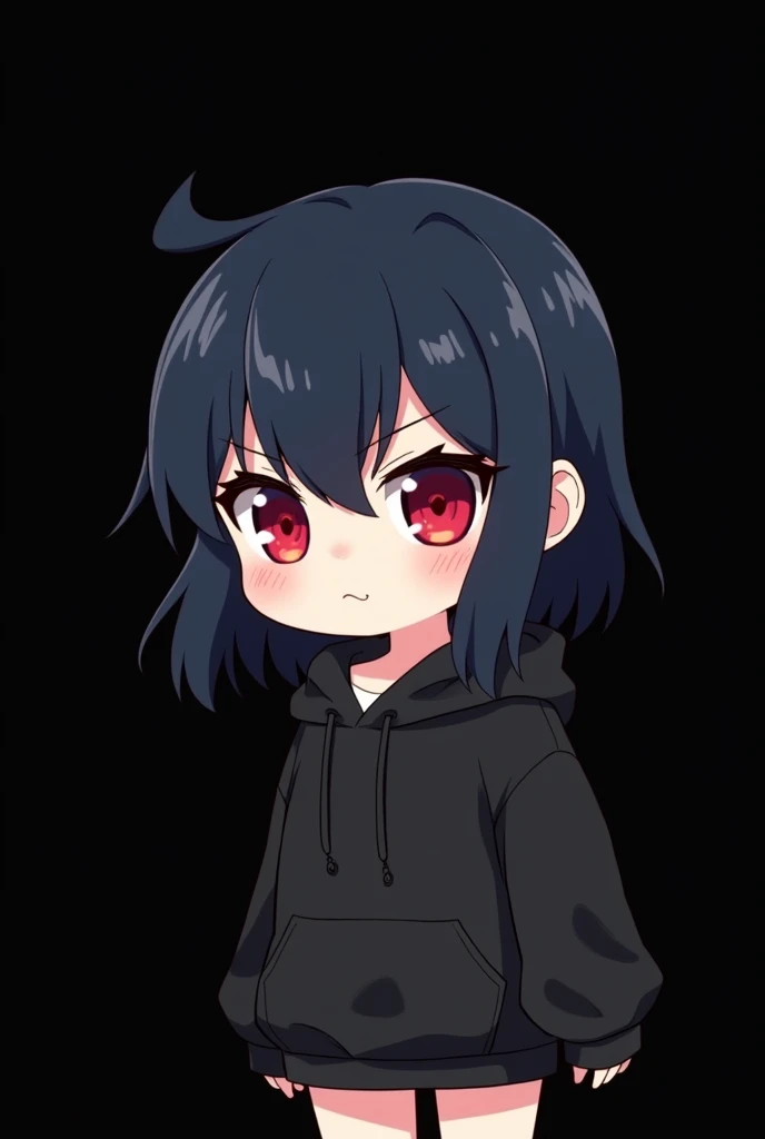 Gamer , Black empty background , Anime girl , dark blue hair , modern day mullet hair style , black hoodie , red eyes , almond eye , chibi , serious look , blush
