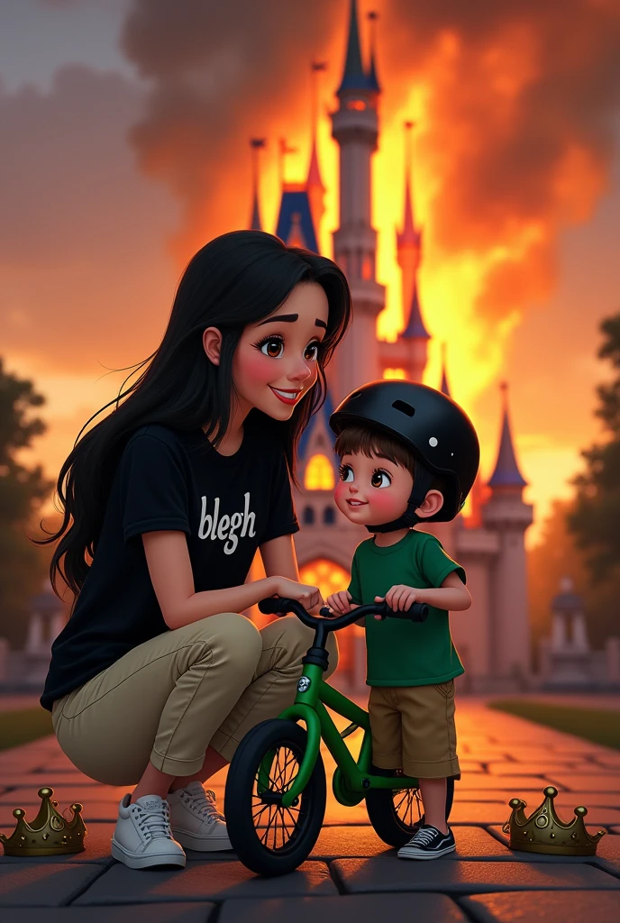kag:
Create a picture in disney style
Mom who likes metal, brown eyes, pale skin, heavily mascaraed eyelashes, no jewelry, long black straight hair, black shirt with the inscription "blegh" , beige baggy (not high waist) , white sneakers. Smiles at her blonde 3 son. There is , brown eyes, loves his green bike. He wears a black helmet. Mother and son smile and look at each other.
In the background, the Disney castle burns in large flames and is almost destroyed.. There is a broken crown lying on the floor.