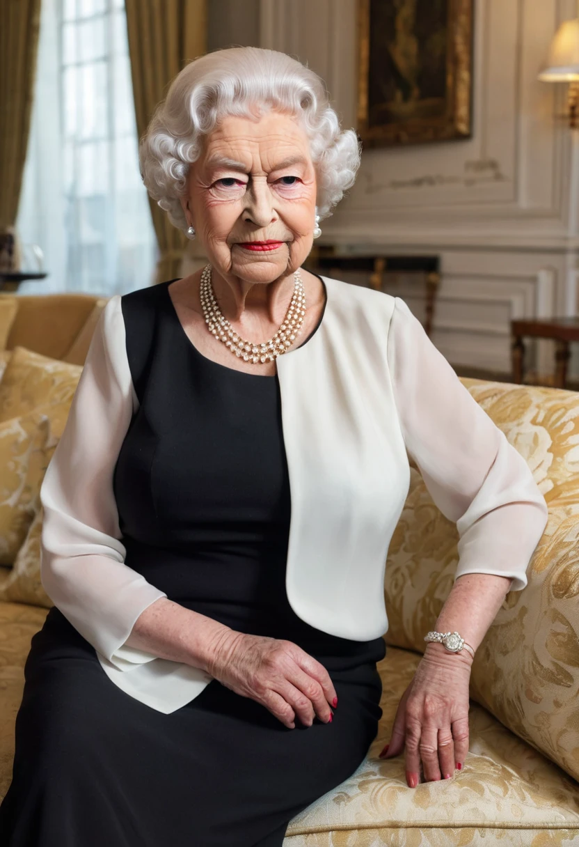 (gorgeous queen elizabeth 80yo ), (huge saggy breast:1.6), (dressed for a party with elegant white chiffon shirt:1.4), (black skirt), (sitting on sofa), lipsticks