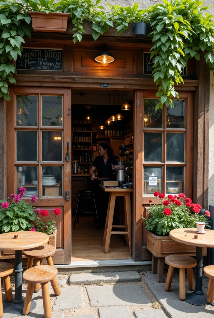 Create a picture of a small and simple slow bar cafe next to the road with a barista making coffee