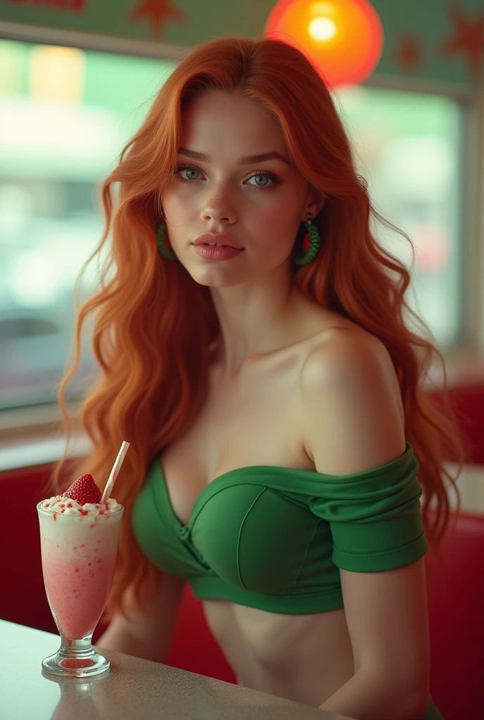 ultra realistic, photography, long red hair, girl, 24 years old, hourglass figure, perfect body, natural medium breasts, Flirty look, extremely detailed artgerm, in the style artgerm, facing the camera, lens 35 mm, blur background, in a 60s diner, sitting at a table, strawberry milkshake, green cheerleader outfit