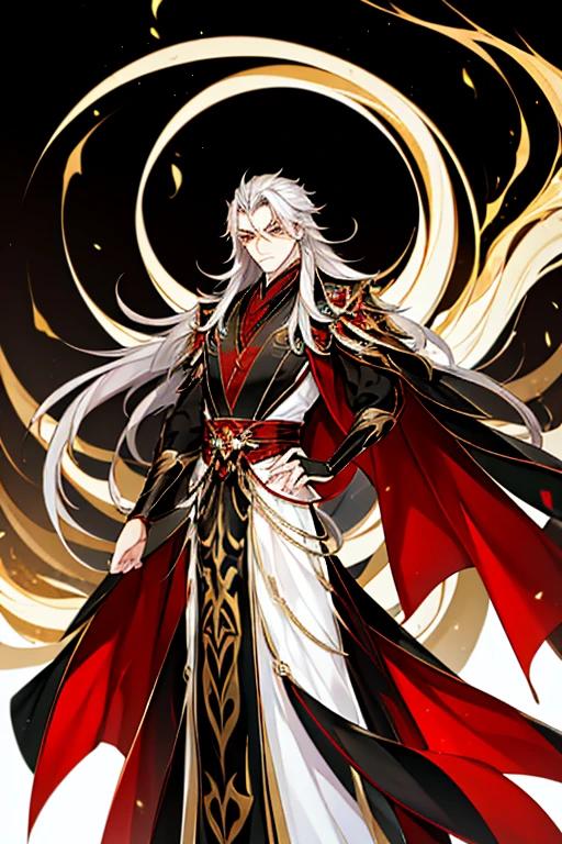 Handsome, standing alone, a man (cold expression), long silver white hair, đôi yellow eyes sắc sảo, deep dark golden eyes, bright golden eyes, deep golden eyes, yellow eyes, đôi yellow eyes sắc bén như nhìn thấu tâm hồn người khác, under the eyes there is a red streak that makes the face very evil and beautiful, attractive to the opposite sex, wearing a black Hanfu, Black Hanfu all over, wearing the attire of an ancient Chinese emperor, has wide sleeves, charming male god, 8k, beautiful contrast between light and darkness, Golden flowers, luxurious background, complete full body.