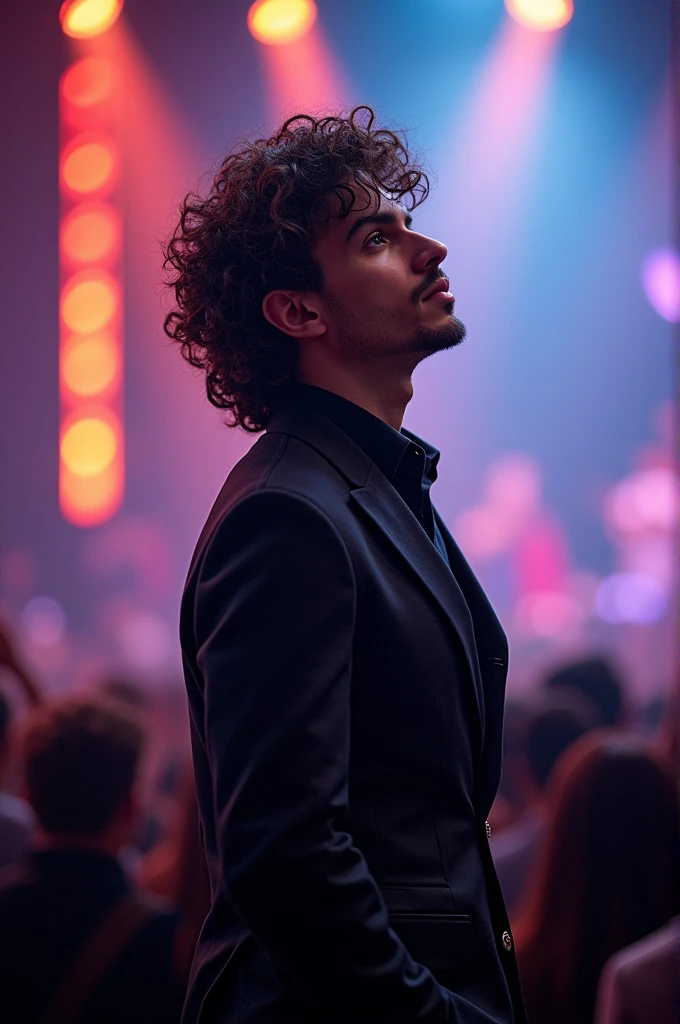 Anime style, male singer, 90's fashioned, using elegant suit, looking to the sky, side face, curly hair .