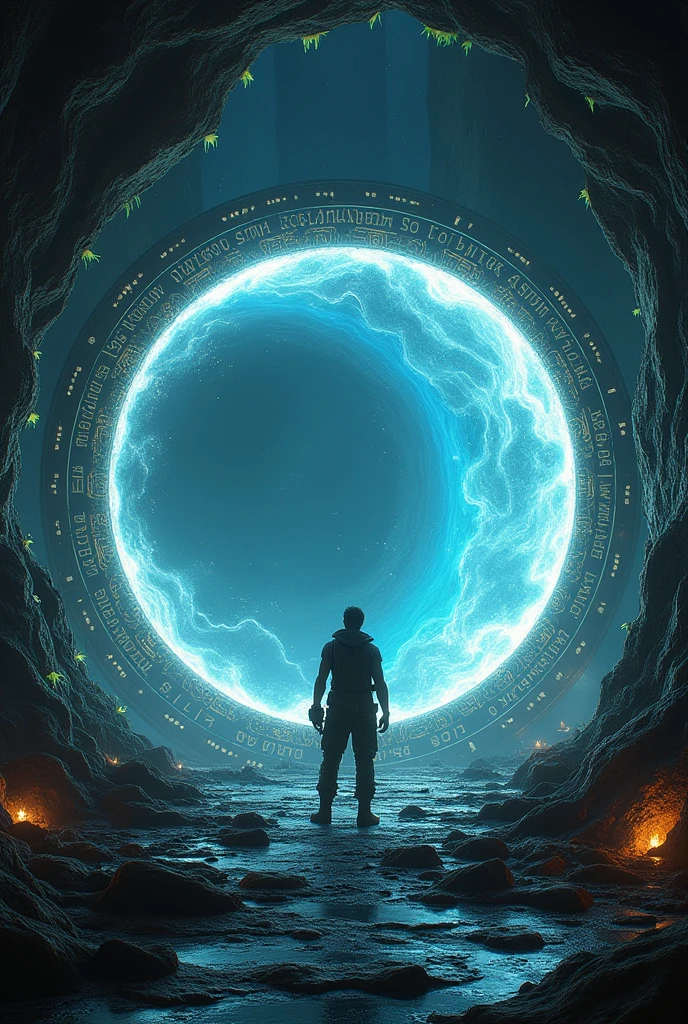 A circular Stargate that takes a man to another future, ancient inscriptions, set inside a mysterious cave.