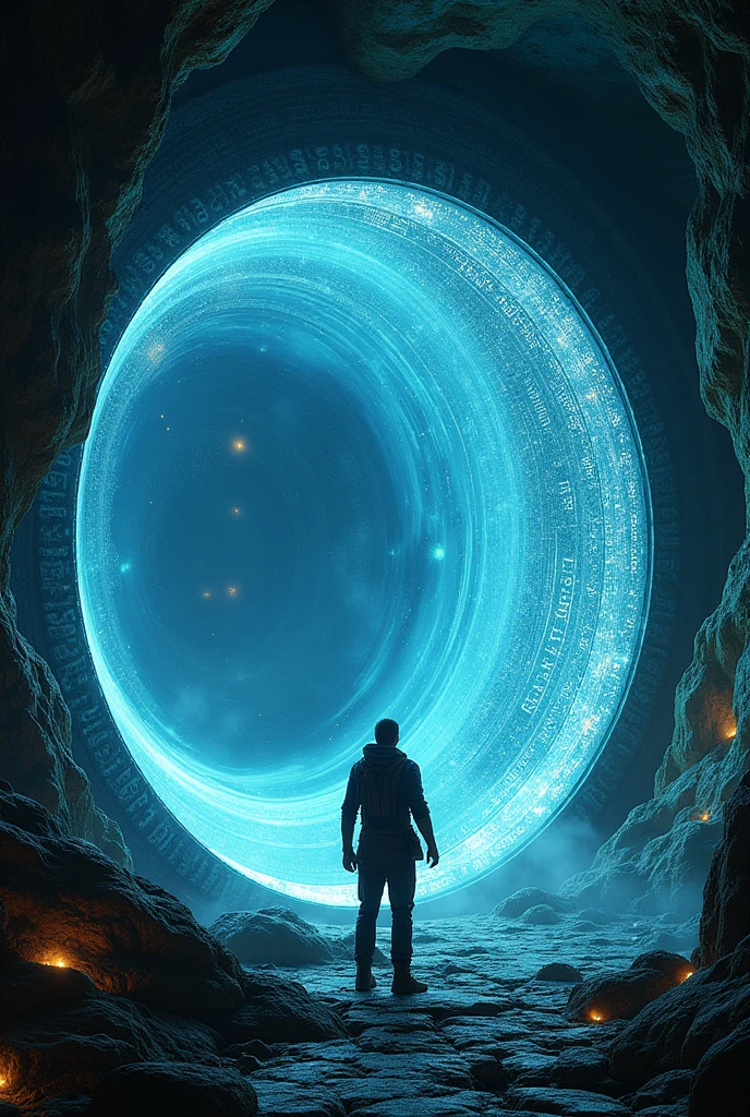 A circular Stargate that takes a man to another future, ancient inscriptions, set inside a mysterious cave.