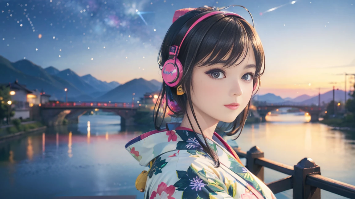 (Highest quality, 8k, masterpiece, High resolution), (whole body), Vibrant colors, ((wireless headphones, wearing wireless headphones)), Brown-black bob, Traditional round topknot, Ample breasts, (Highly detailed face and eyes, Beautiful Face, Beautiful Eyes, Beautiful nose, Pretty lips), (Beautiful woman standing on a riverside observation deck), A friendly gaze, Oh! Facial expression that, (Vivid floral patterned kimono), Official Art, The background is a wide river, Nearby bridge, Riverside streetscape, Mountains in the distance, ((night, starry sky)), Detailed CG,
