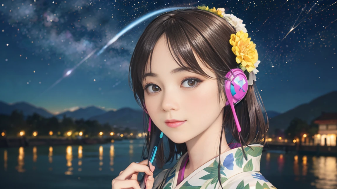 (Highest quality, 8k, masterpiece, High resolution), (whole body), Vibrant colors, ((wireless headphones, wearing wireless headphones)), Brown-black bob, Traditional round topknot, Ample breasts, (Highly detailed face and eyes, Beautiful Face, Beautiful Eyes, Beautiful nose, Pretty lips), (Beautiful woman standing on a riverside observation deck), A friendly gaze, Oh! Facial expression that, (Vivid floral patterned kimono), Official Art, The background is a wide river, Nearby bridge, Riverside streetscape, Mountains in the distance, ((night, starry sky)), Detailed CG,