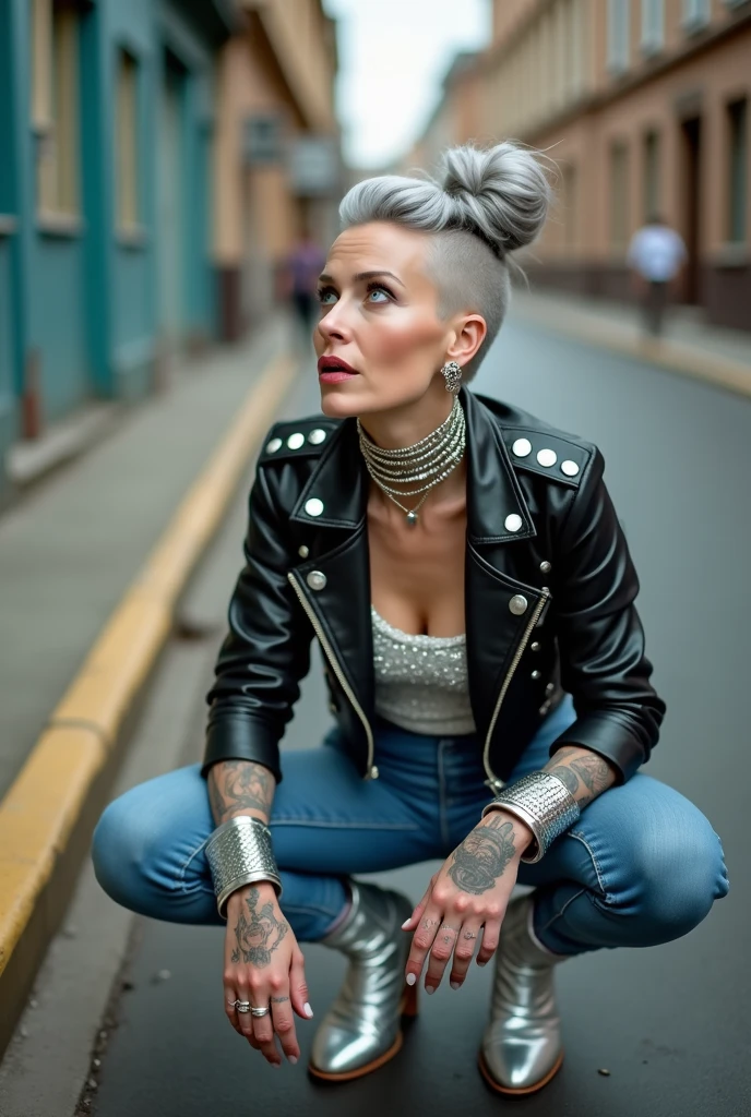 russian old milf woman, grey hair (top bun, shaved sides), with very light blue eyes, extremely pale. Wearing cropped black moto jacket lots of silver metal pins and badges on lapels), shiny silver sequins tank top, skinny blue jeans and silver pointy Chelsea boots with cuban heels . Lots of metallic wide silver bracelets, a tacky chain and a padlock as a collar.mTacky studded leather belt with oversized chanel buckle. Wide loop earrings. Kneeling looking up, eyes and mouth wide open in amazement. Tattooed. Hands on her knees. Chin up, looking up listening in amazement to God. Well toned abdominals, thin legs and thin arms.
