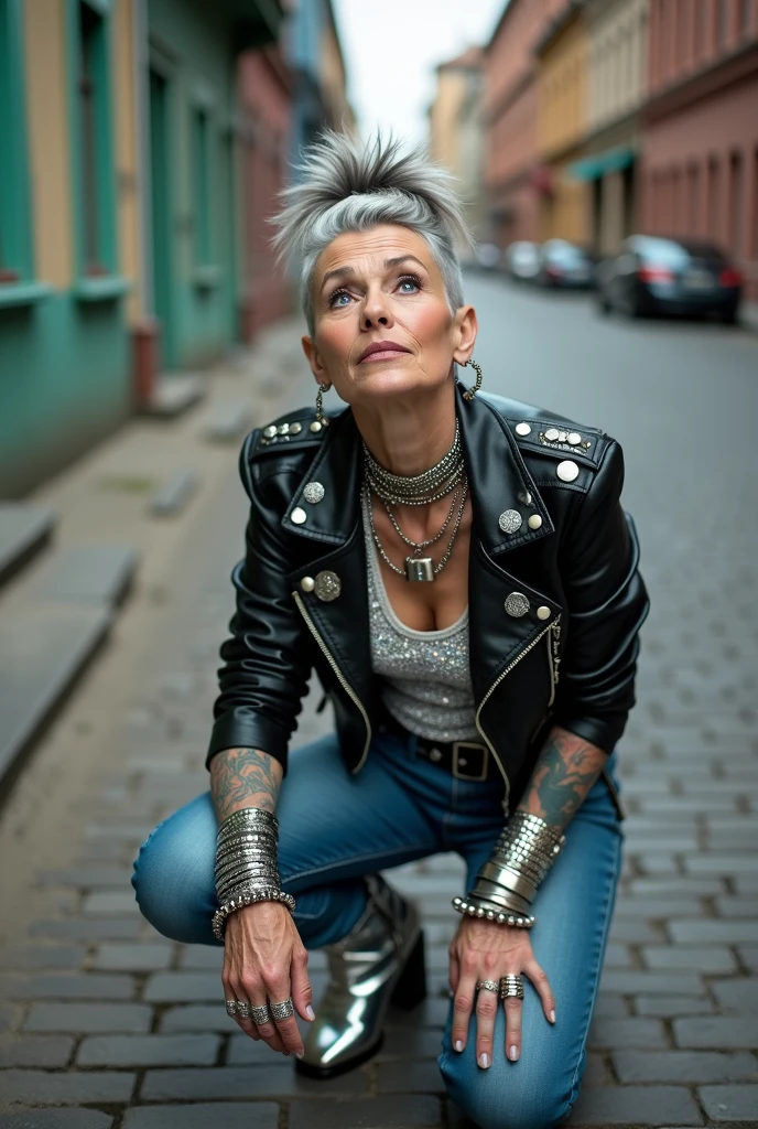 russian old milf woman, grey hair (top bun, shaved sides), with very light blue eyes, extremely pale. Wearing cropped black moto jacket (lots of silver metal pins and badges on lapels), shiny silver sequins tank top, skinny blue jeans and silver pointy Chelsea boots with cuban heels . Lots of metallic wide silver bracelets, a tacky chain and a padlock as a collar.mTacky studded leather belt with oversized chanel buckle. Wide loop earrings. Kneeling looking up, eyes and mouth wide open in amazement. Tattooed. Hands on her knees. Chin up, looking up listening in amazement to God. Well toned abdominals, thin legs and thin arms.