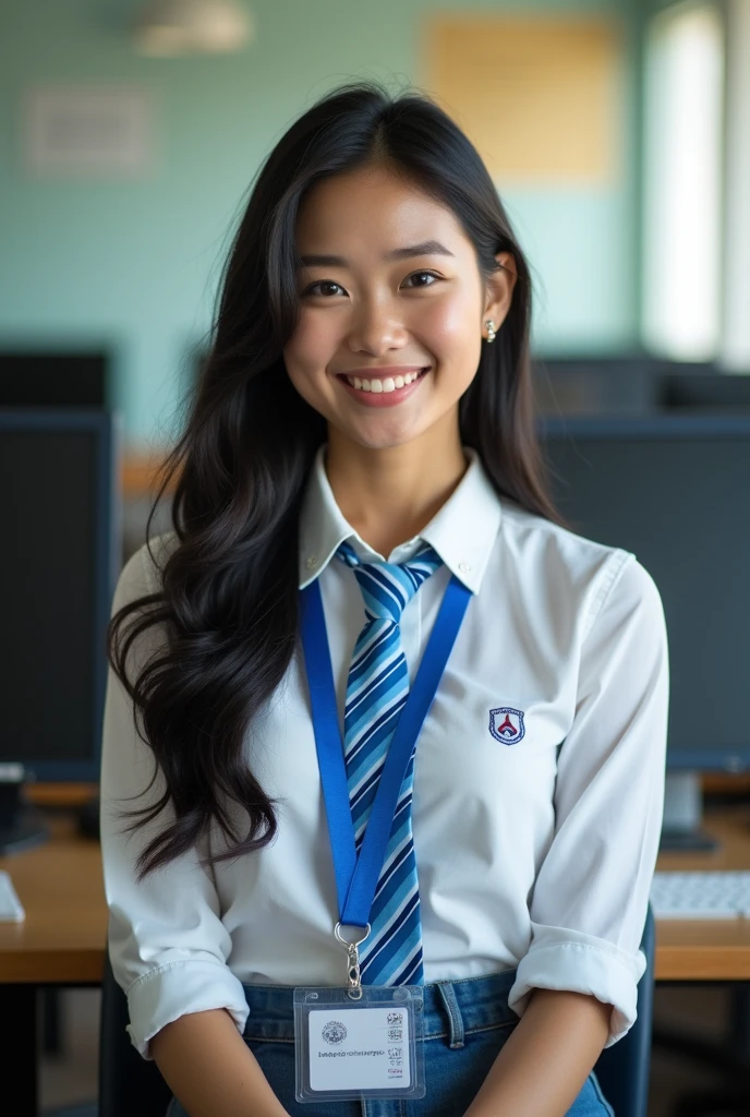 (Masterpiece),(complication:1.3),(Realistic),Portrait of a woman,18 years old,Has a delicate and beautiful Thai face,long black hair,Big eyes,Blue eyes,smiling,be happy,(Wearing a long-sleeved white shirt with a blue and light blue striped tie with the college emblem on the side of the tie.),Wear a short skirt,Wearing a blue student ID lanyard,Look ahead,Passed through her computer,(In a computer room),warm light,Showing some sunlight,Professional photographer in capturing detailed images of young women,Have clarity,dramatic,Awarded globally,Cinematic lighting,(film grain,Blurred background,Blurred background,bokeh,depth of field)
