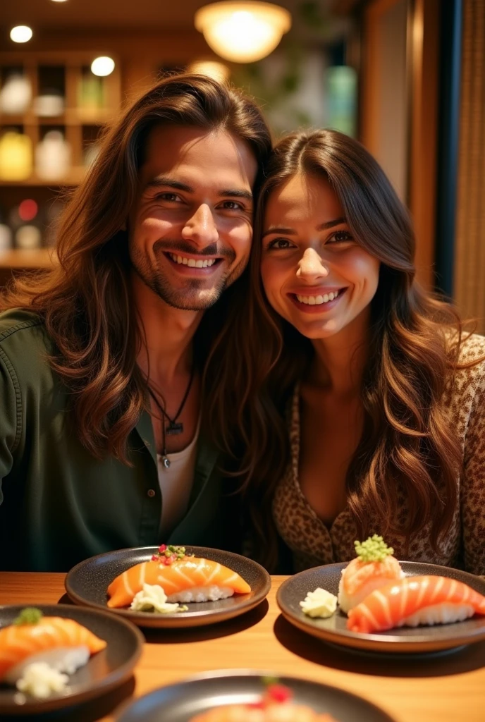 A man with long, brown hair and his girlfriend with long, brown hair, both with long hair, eating sushi without any anime style.
