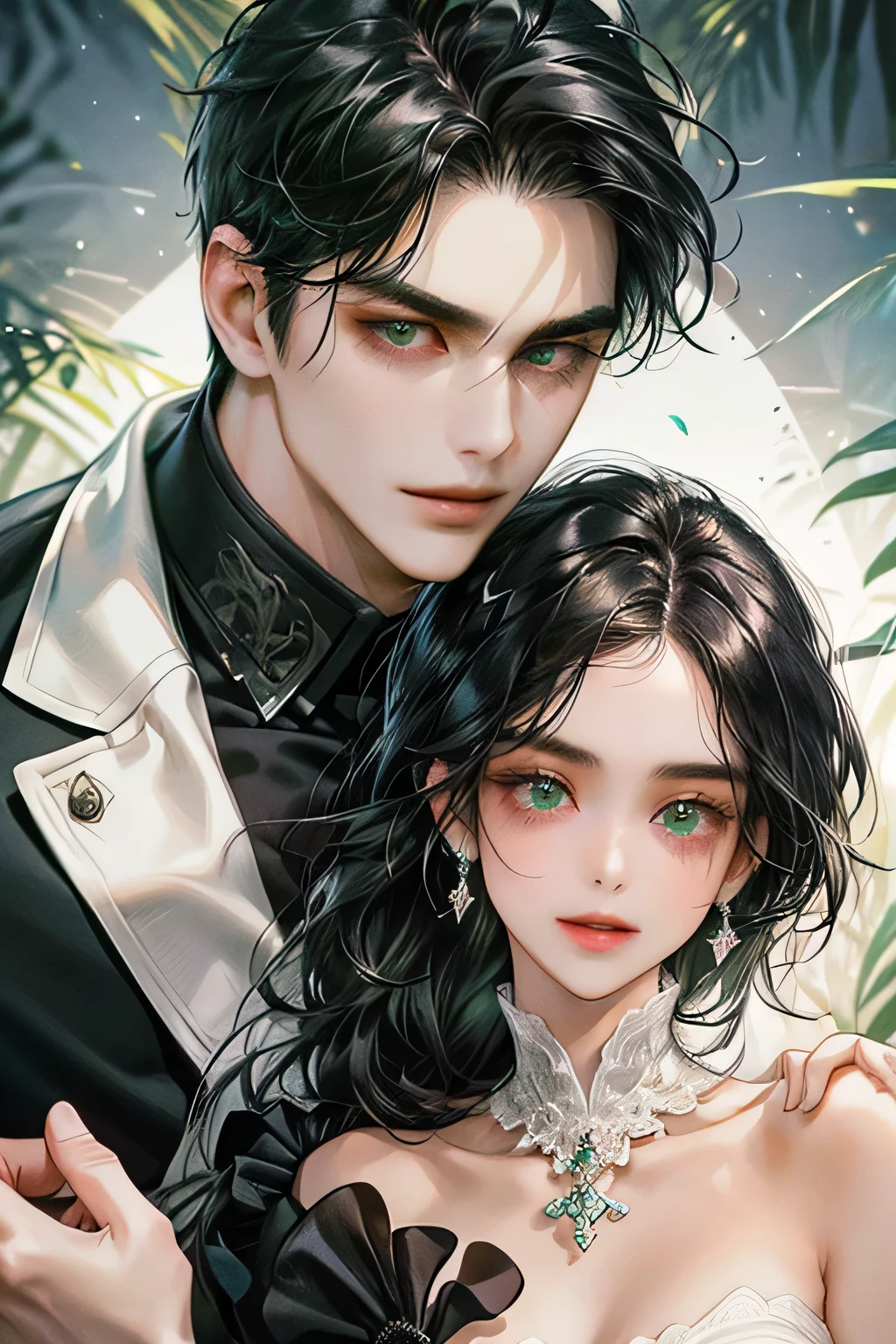 Couple, black hair, modern style, masterpiece, best quality, realistic, romantic and charming, 29 years old, light green eyes, serious, extremely detailed face, smile,, ((short-right-swept dark black hair)), [ eyebrows], black and white suit , accurate, detailed