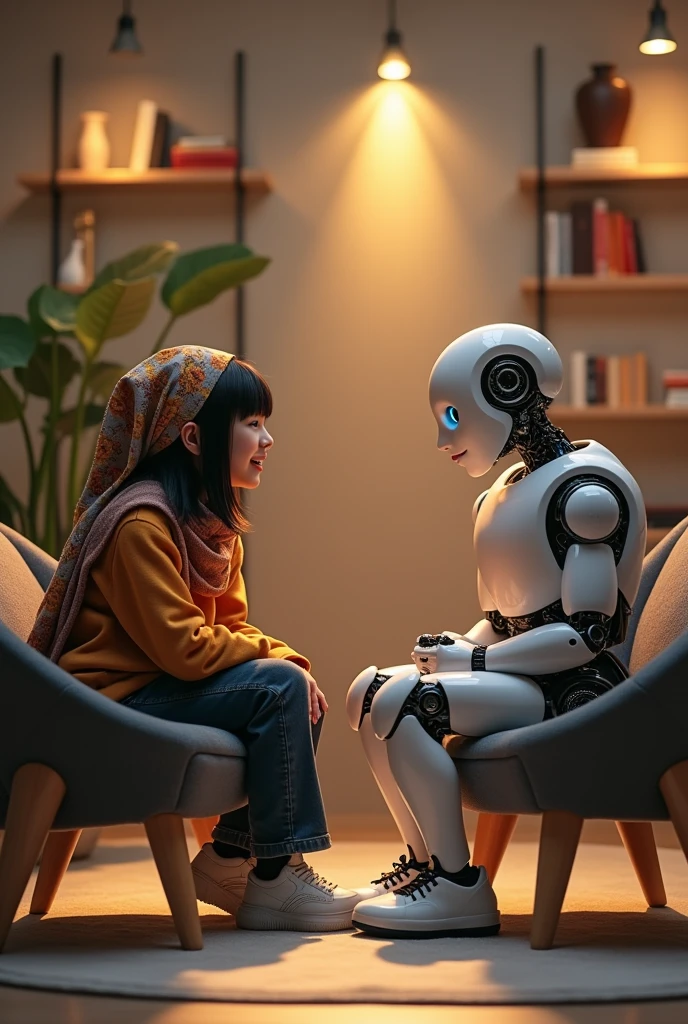 Generate a photo of a girl and a robot talking. The girl is 22 years old, Her hair is straight, black, She has a scarf on her head. The robot and the girl should be sitting on chairs. The background should be a studio.