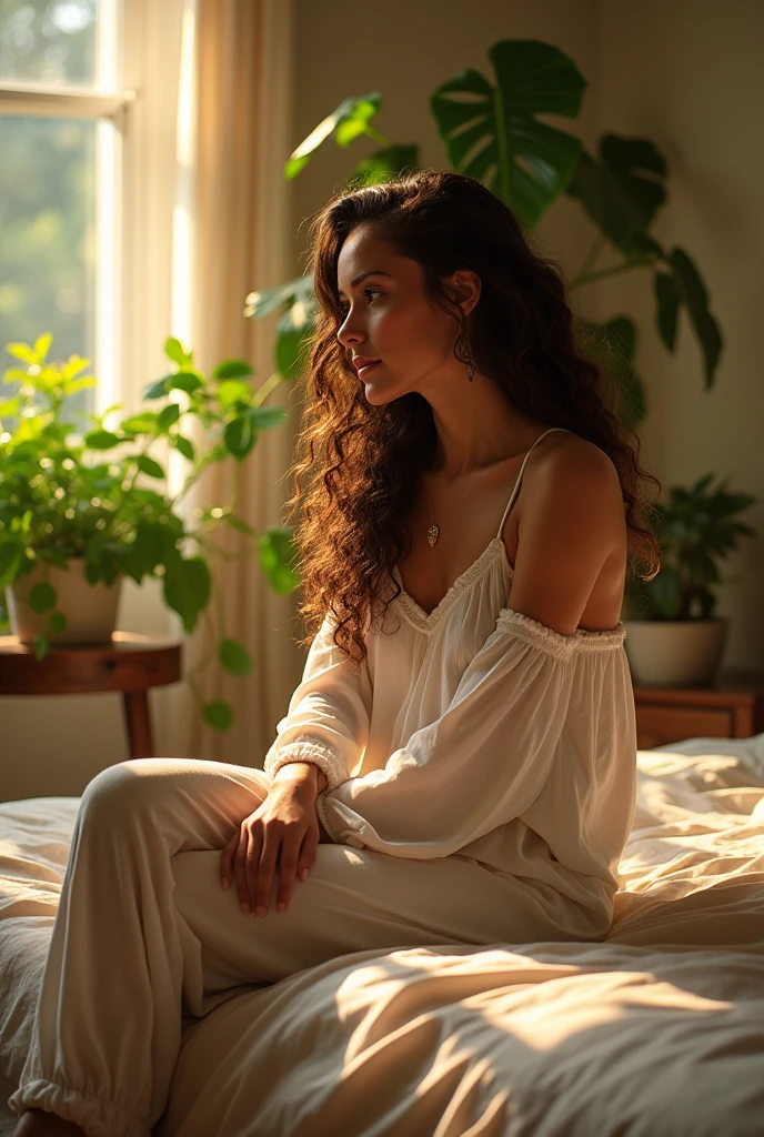 (photorealism:1.2), beautiful woman, sitting on bed, wearing loose off-shoulder top, pajama pants, long curly hair, indoors, soft lighting, plants in background, window with sunlight, cozy room, relaxed pose, realistic, intricate details, warm colors, by Greg Rutkowski, by Alphonse Mucha