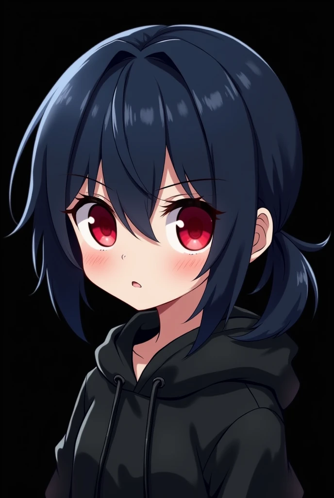 Gamer , Black empty background , Anime girl , dark blue hair , modern day mullet hair style , black hoodie , red eyes , almond eye , chibi , serious look , blush