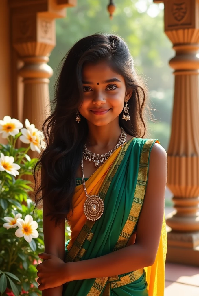 Tamil young women cute face, dusky colour, half saree ,diamond in her navel 