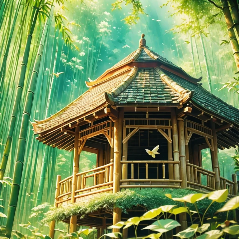 bamboo forest，unmanned，bird，，Wide-angle lens，Gazebo,uhd, masterpiece, high details, high quality, best quality, highres