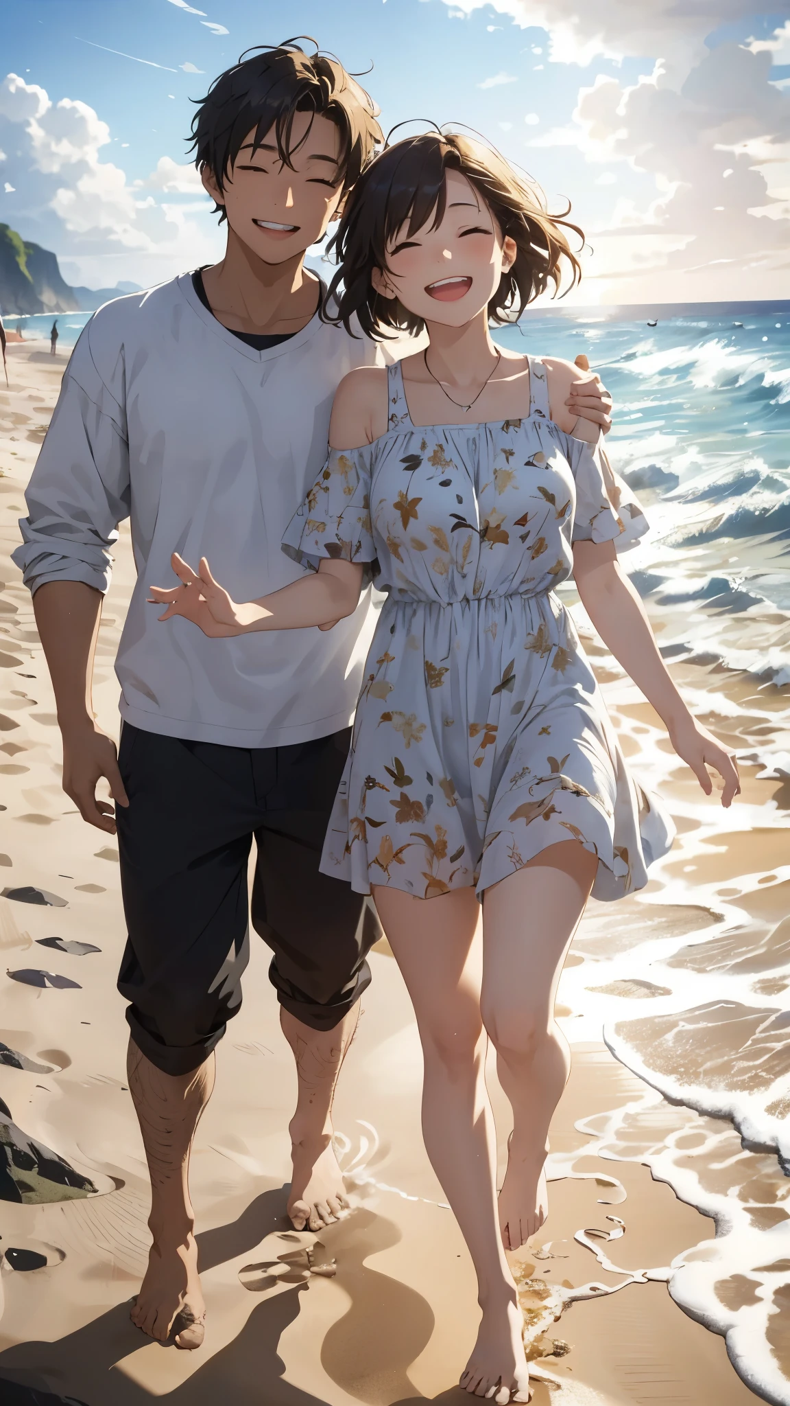 A blissful couple runs hand in hand on the golden sandy beach, their faces radiant with happiness under the warm, high saturation sunlight. The fine details of their faces, with natural wrinkles and sweat glistening on their foreheads, are captured in this realistic style, 4K masterpiece. Each footprint they leave behind is etched in the sand, adding to the energetic and lively atmosphere. Seagulls fly overhead, their sharp silhouettes contrasting against the bright sky. Waves crash onto the shore, leaving a frothy white foam that glimmers in the sunlight. The couple's laughter echoes through the still air, bringing a sense of peace and contentment to