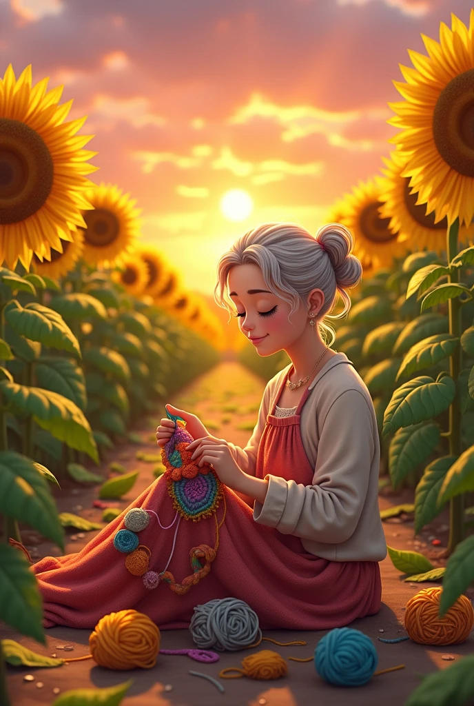 An anime old lady with an old looking,smiling face is crocheting in a vast and large sunflower field with a sunset scene covering half the screen