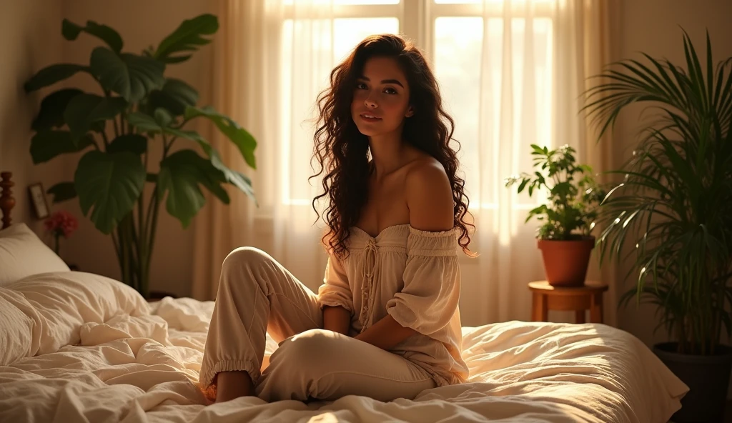 (photorealism:1.2), beautiful woman, sitting on bed, wearing loose off-shoulder top, pajama pants, long curly hair, indoors, soft lighting, plants in background, window with sunlight, cozy room, relaxed pose, realistic, intricate details, warm colors, by Greg Rutkowski, by Alphonse Mucha