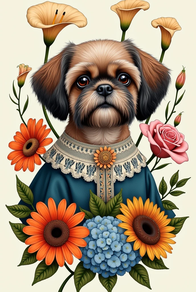 Bust of a Shitzu in a Victorian dress surrounded by a gerbera, a rose, a hydrangea, a sunflower, and above 5 calla lilies in the style of this tattoo sun