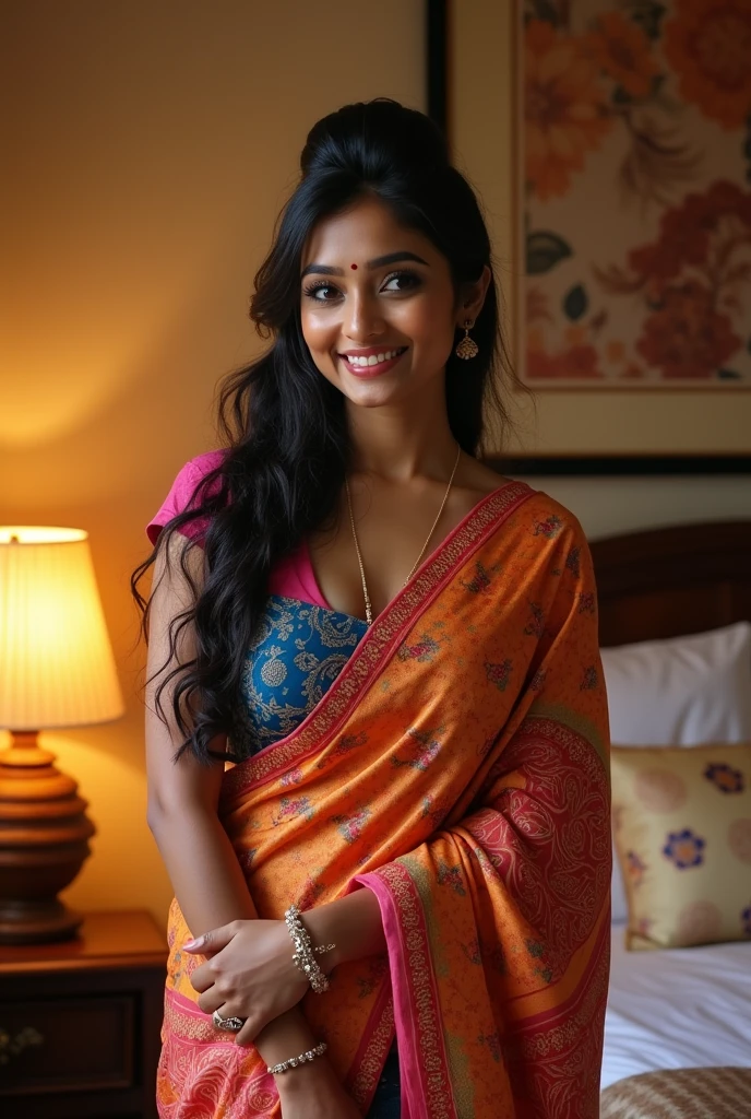 Jaya Prada 24 years old beautiful different face cute sexy Indian girl, curvy body, beautiful different colorful t-shirt in covered jamdani design Bengali style saree, big m-cup tight breast, different side bun hairstyle, bright eyes, thin eyebrows, fair skin, blushing cheeks, head to thigh view, smiling face, Kamasutra expression, Straight front standing beautiful different luxury bedroom night lamp background, ultra realistic, head to thigh view, black hair, Provocative eye Contact, glossy lips