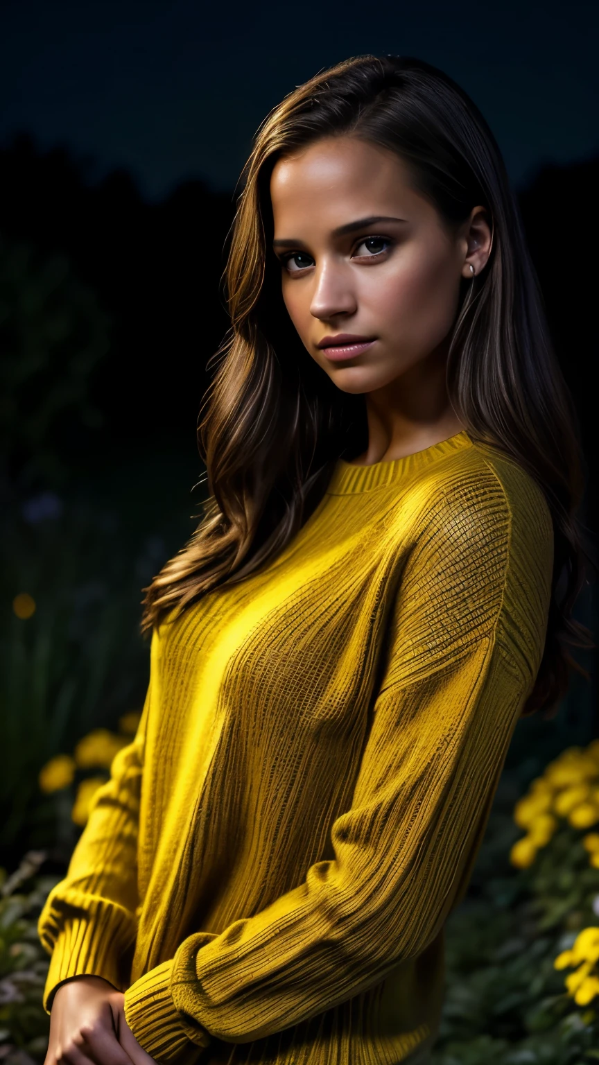 Foto hiperrealista en primer plano de Alicia Vikander, masterpiece, best quality, (photorealistic:1.4), portrait photo, dark yellow sweater, night in garden, during the night, dark night, during night, cinematic light, beautiful woman, skinny, medium breasts, straight dark blond hair, detailed face, photo taken from a distance, age 20 years old