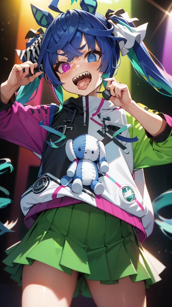 (​masterpiece,top-quality,hight resolution,Unity 8k,extremely details CG,Best Picture),Color illustration in the style of asanagi,(((kawaii))),live stage,perfect lighting,Tongue out,Twin_Turbo_Umamusume,(aqua hair, twintails, Uniform, stuffed toy, stuffed animal, green skirt, bag, teddy bear, heterochromia, purple eyes, blue eyes, sharp teeth),Yelling into the microphone,Bring your face closer to me, noise removal,